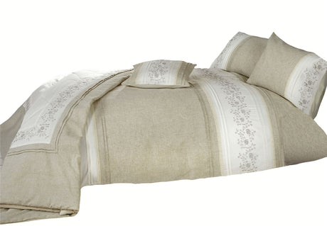 Full view of the Wildberry duvet cover set styled in a vintage country bedroom showcasing its elegant embroidery and linen detailing