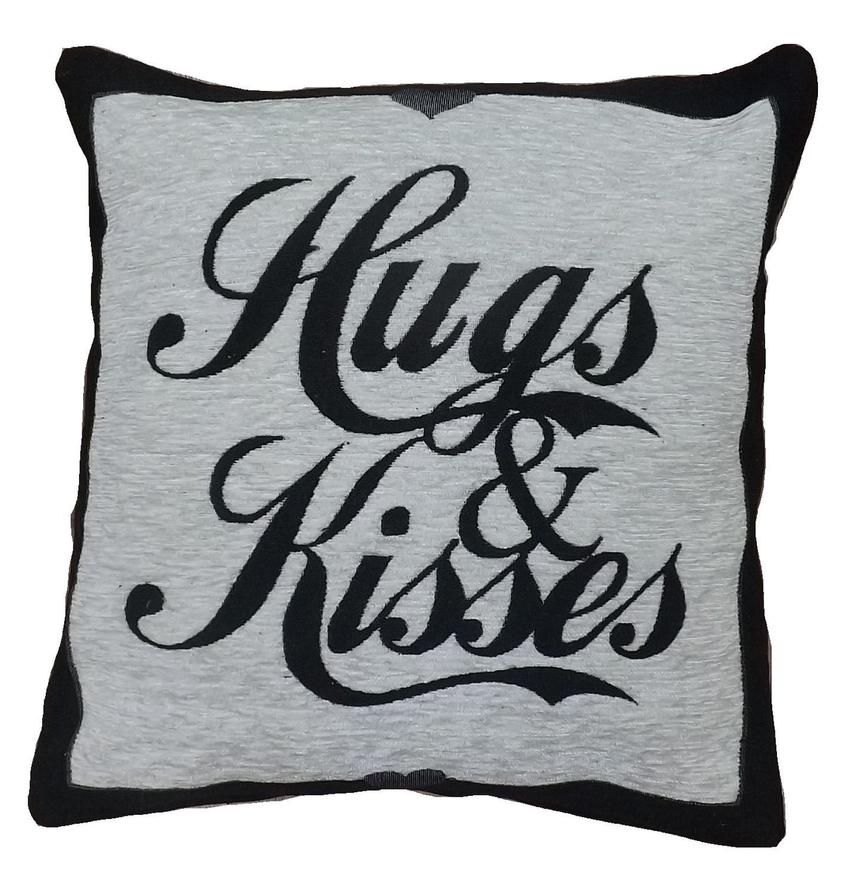 Rich chenille cushion with Hugs And Kisses slogan and cool text design