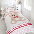 Colourful and cuddly double duvet cover and two matching pillowcases featuring a teddy bear and check print
