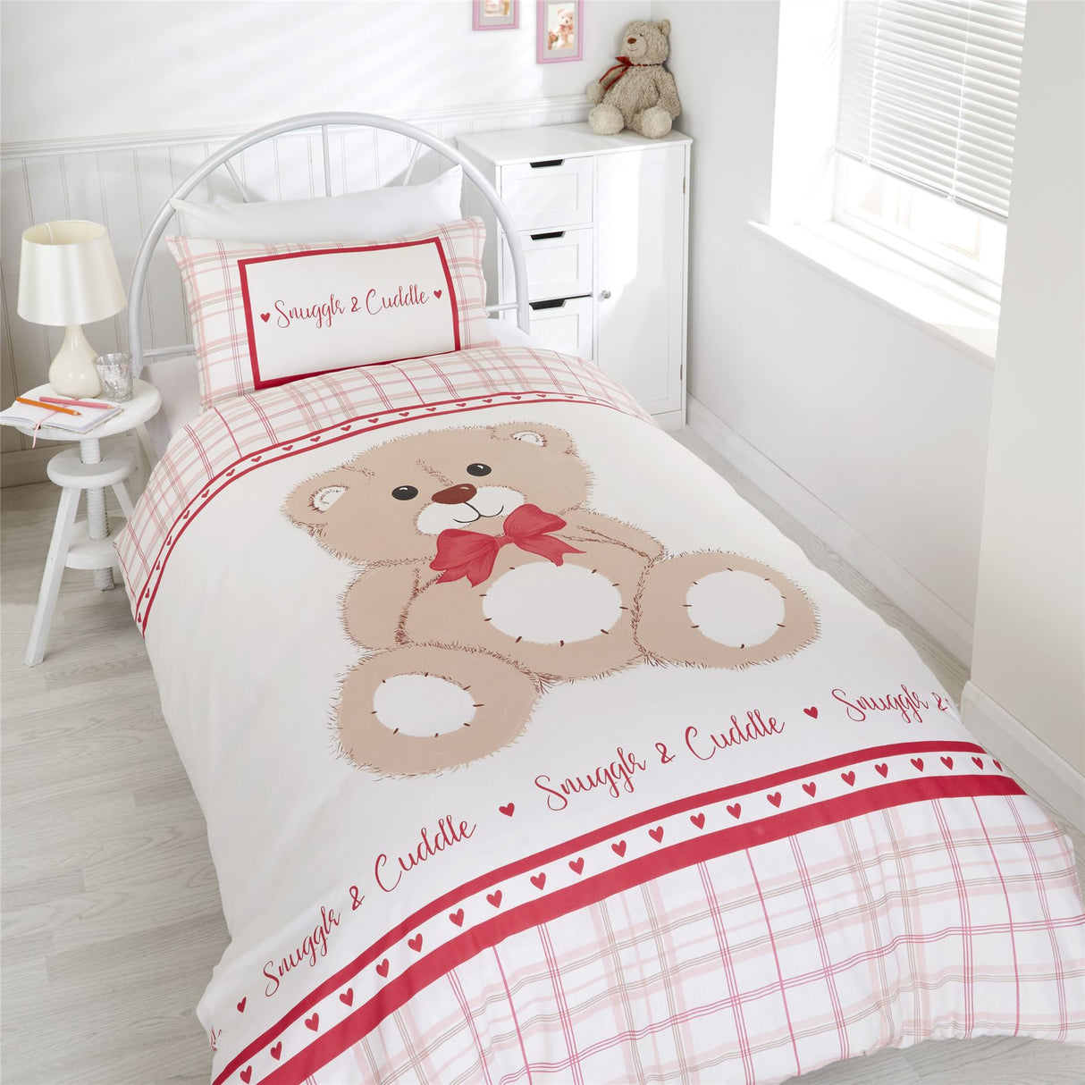 Colourful and cuddly double duvet cover and two matching pillowcases featuring a teddy bear and check print