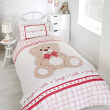 Colourful and cuddly double duvet cover and two matching pillowcases featuring a teddy bear and check print