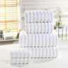 High-quality 6-piece towel set including face cloths, hand towels, bath towels, and bath sheets with plush ribbed texture