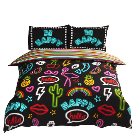 Contemporary Be Happy Duvet Set with fun neon cactus, flamingo, and pineapple prints, including matching pillowcases and fully reversible design
