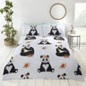 A soft polycotton duvet set featuring an adorable panda design with a love heart on its chest, set against a light blue spot background, including matching pillowcases in various sizes for single, double, and king beds
