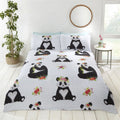A soft polycotton duvet set featuring an adorable panda design with a love heart on its chest, set against a light blue spot background, including matching pillowcases in various sizes for single, double, and king beds