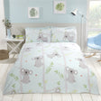 A colourful duvet set featuring playful koalas climbing among green and blue branches, with matching pillowcases and easycare fabric
