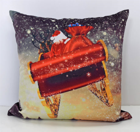 Alt: Northern Lights Filled Cushion 43X43Cm Multi featuring an enchanted flying santa and sparkling tree scene photographic cushion cover on soft velvet