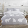 Pink brushed cotton duvet set featuring polar bears and horizontal starry stripes, includes matching pillowcases