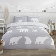 Pink brushed cotton duvet set featuring polar bears and horizontal starry stripes, includes matching pillowcases
