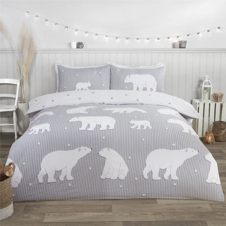 Pink brushed cotton duvet set featuring polar bears and horizontal starry stripes, includes matching pillowcases