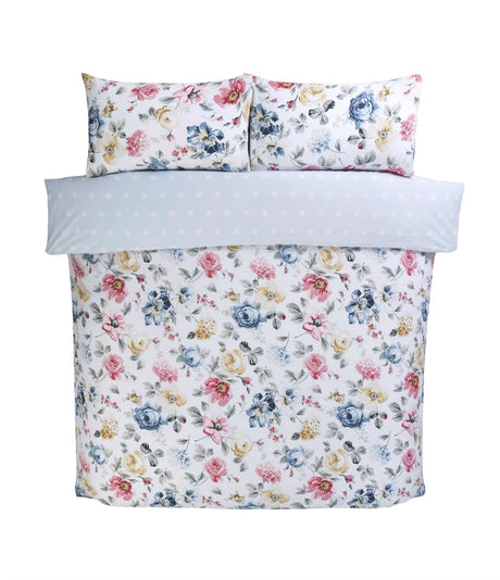 Reversible Emilia Duvet Set featuring colourful floral pattern and matching pillowcases in various sizes