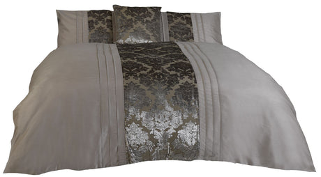 Elegant Imogen duvet set with plush velvet damask devore fabric in a gentle mink shade