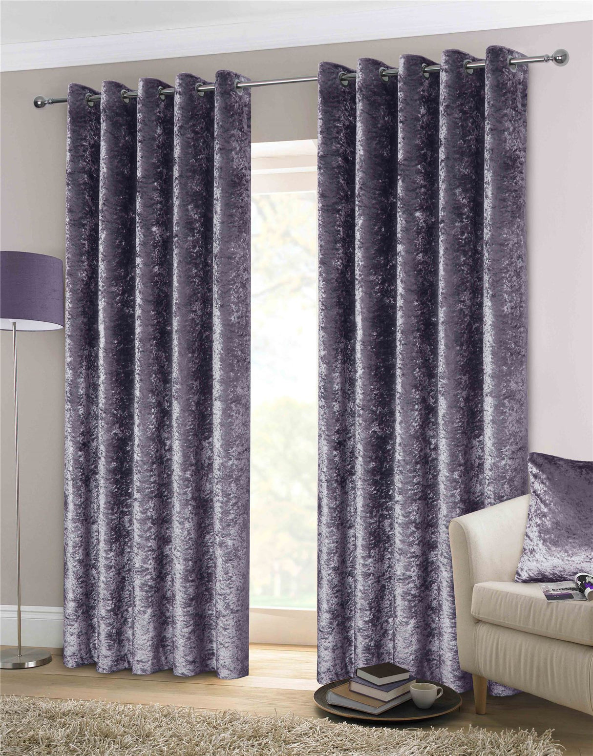 Luxurious crushed velvet curtains with modern eyelet header and full lining