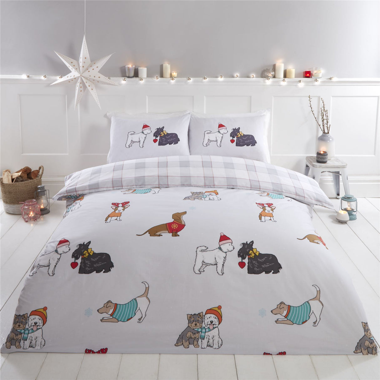 Adorable winter-themed dog breeds wearing festive sweaters, bobble hats, and scarves on the duvet cover