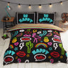 Bright colourful reversible duvet cover featuring trendy cactus, flamingo, and pineapple motifs with a neon print design and matching stripe reverse