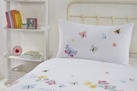 Set includes matching pillowcases with butterfly and bee illustrations on sustainably sourced cotton fabric