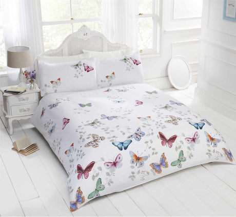 A vintage watercolour butterfly and leaf design duvet set in three sizes with matching pillowcases