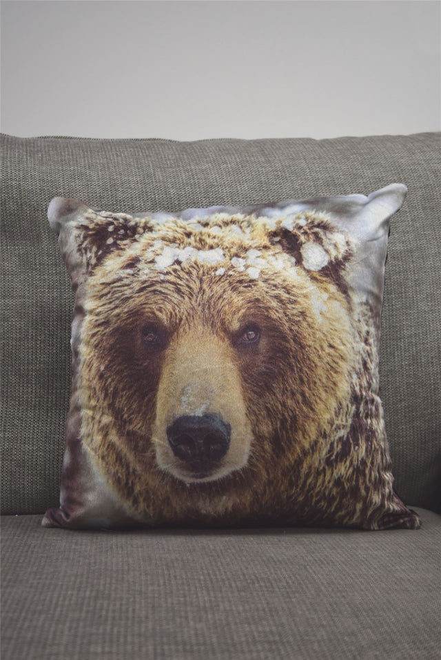 Velvet cushion with a photographic print of a wild bear, 43x43cm