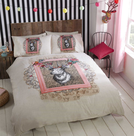 A quirky antique stag head duvet set featuring a framed collage of effect designs, adding personality and fun to your bedroom decor