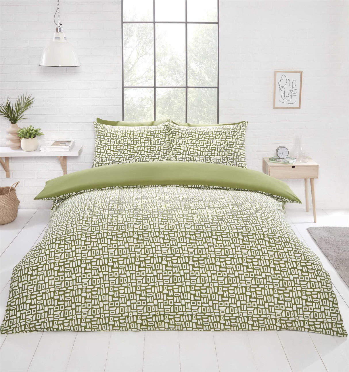 Blue Pebbles Duvet Set made from microfibre fabric with all-over geometric pattern and plain reverse