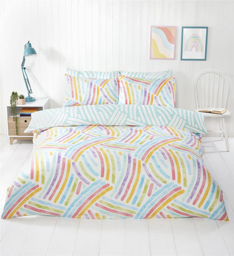 Brightly coloured abstract rainbow pattern on soft, non-iron microfibre duvet cover with reversible aqua and white design