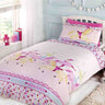 A colourful duvet set featuring carousel horses and the word 'circus' printed in pink shades, with a matching pillowcase displaying a carousel horse design
