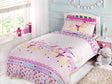 A colourful duvet set featuring carousel horses and the word 'circus' printed in pink shades, with a matching pillowcase displaying a carousel horse design