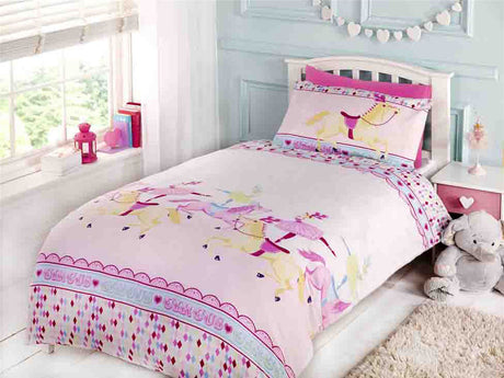 A colourful duvet set featuring carousel horses and the word 'circus' printed in pink shades, with a matching pillowcase displaying a carousel horse design