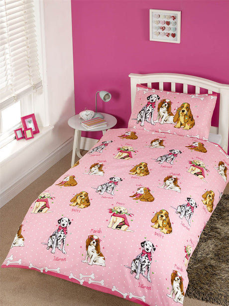 A colourful doggie duvet set featuring playful cartoon dogs on a pink polka dot background, includes a duvet cover and matching pillowcase in toddler or single sizes with a popper closing mechanism