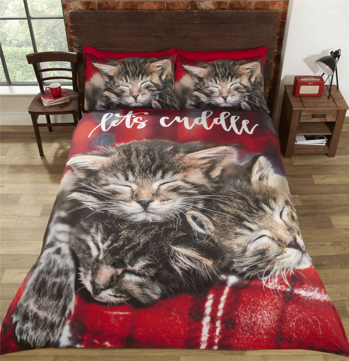 Cuddle Cats Duvet Set featuring snuggly kittens on tartan background, available in single, double, and kingsize with matching pillowcases Popper closing mechanism and easycare fabric
