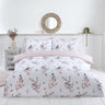 A pink Vintage Toile Duvet Set featuring a charming bird and floral print with easycare, non-iron microfibre fabric
