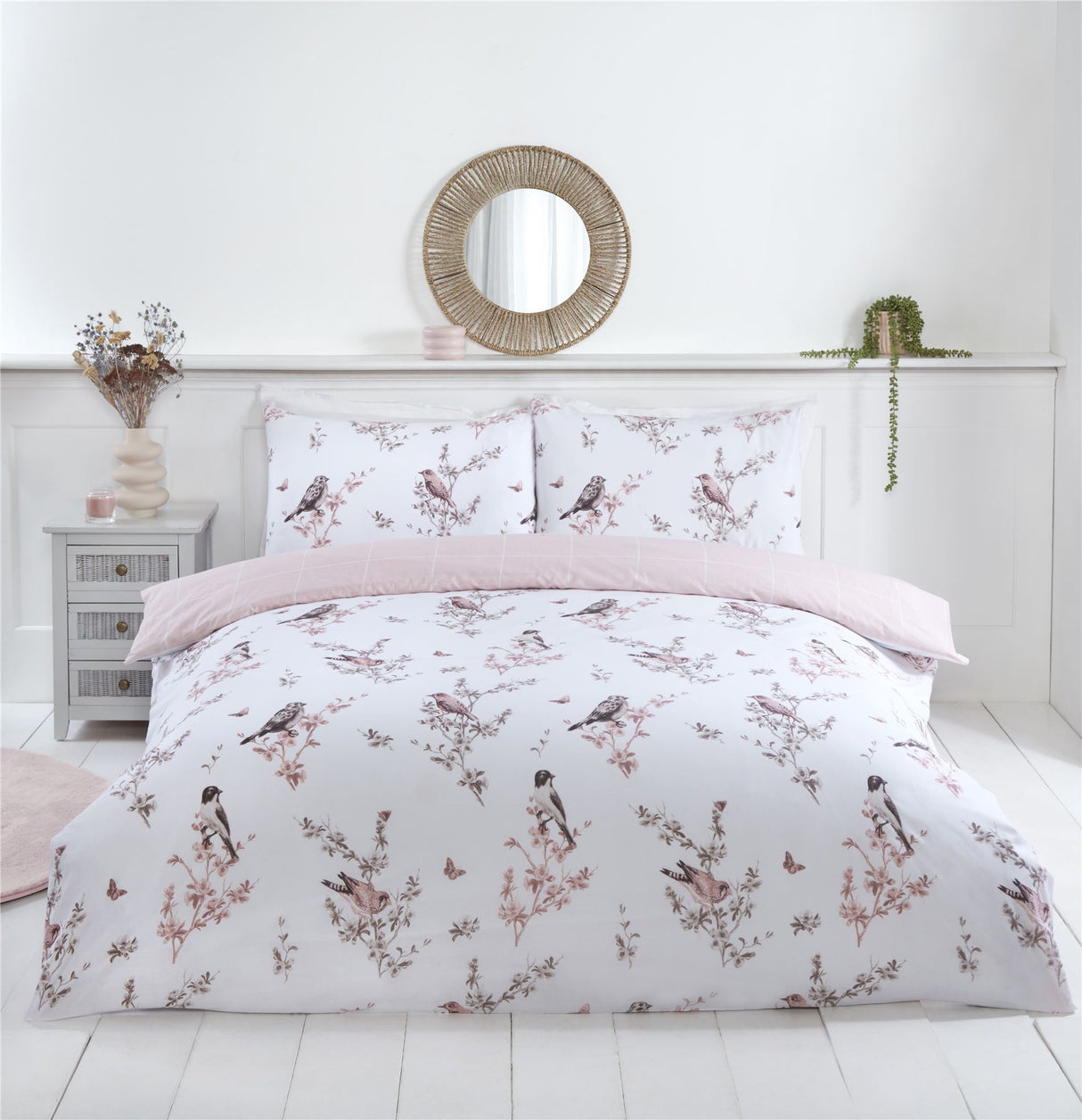 A pink Vintage Toile Duvet Set featuring a charming bird and floral print with easycare, non-iron microfibre fabric