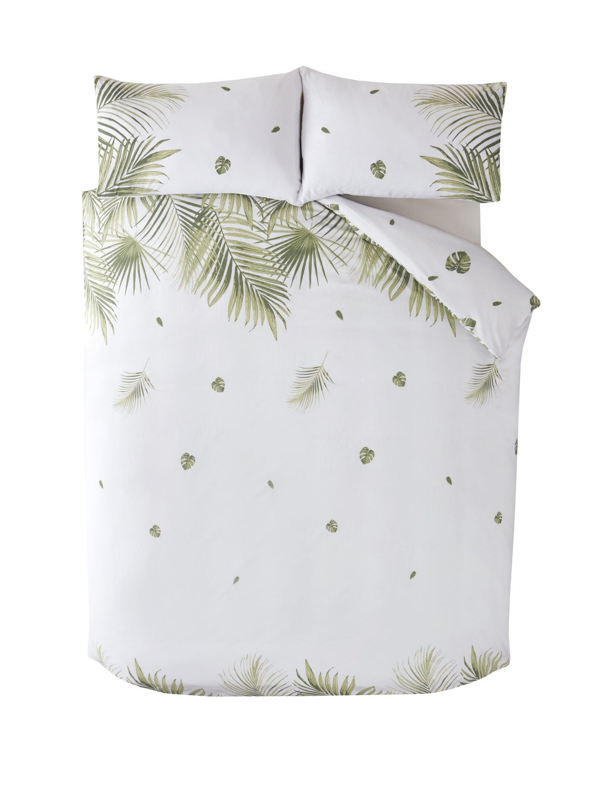 Close-up of the bold, vibrant tropical leaves pattern on the Happy Home Tropics duvet cover made with BCI cotton