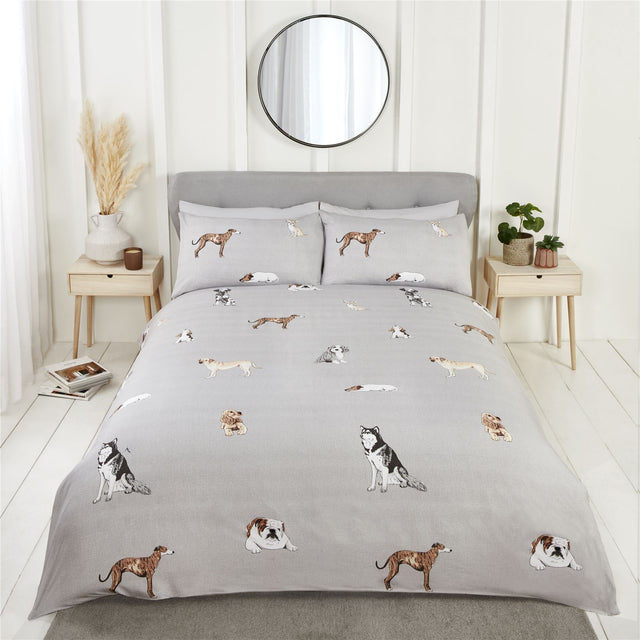 Stylish duvet set featuring hand-drawn dogs on textured ground with reversible striped reverse