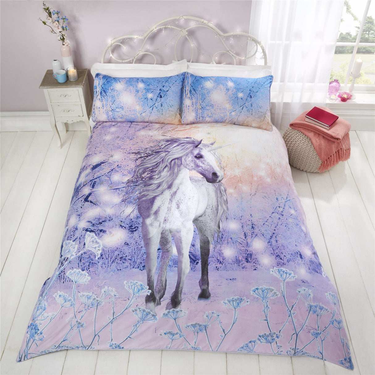 A vibrant photographic unicorn duvet set featuring pastel colours and sparkling glitter details, perfect for adding a magical touch to any bedroom decor