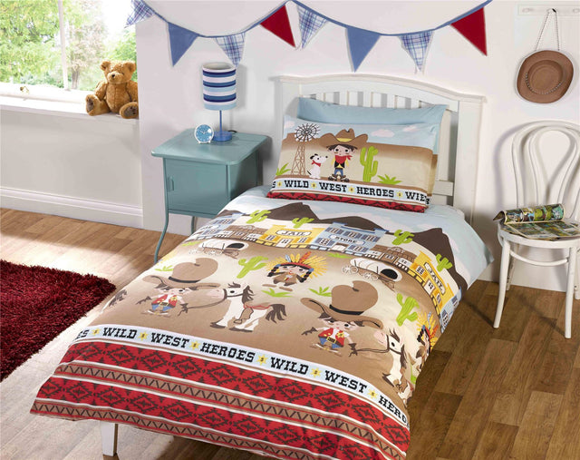 Wild West Duvet Set featuring a cartoon cowboy and Indians scene with wagons and horses, perfect for a themed bedroom 