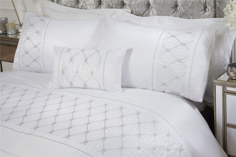 Stylish Monaco duvet cover in satin fabric with sparkling sequin trim across duvet and pillowcases, includes matching pillowcases
