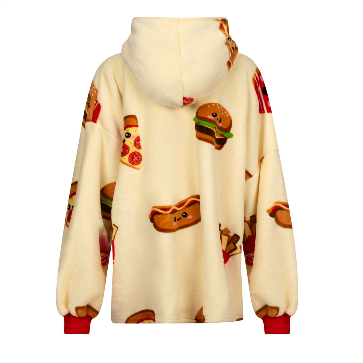 A cozy and warm fleece hoodie in a multi-color pattern