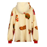 Close-up of the Fast Food Fleece Hoodie Multi displaying vibrant burger, pizza, and chips graphics against a soft, sherpa fleece-lined fabric