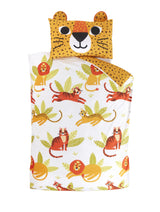 Children's bedding set with playful wild cat print, including a pillowcase with 3D ears for added fun, suitable for toddler and single beds
