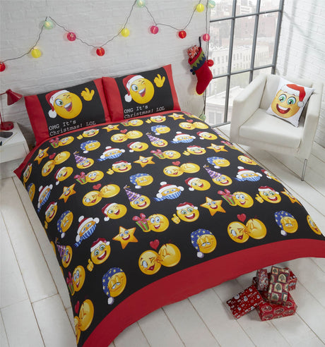 A colourful, reversible Christmas Icons duvet set featuring cheerful emoticons on bold black and white backgrounds, including matching pillowcases, with popper closures and easy-care fabric