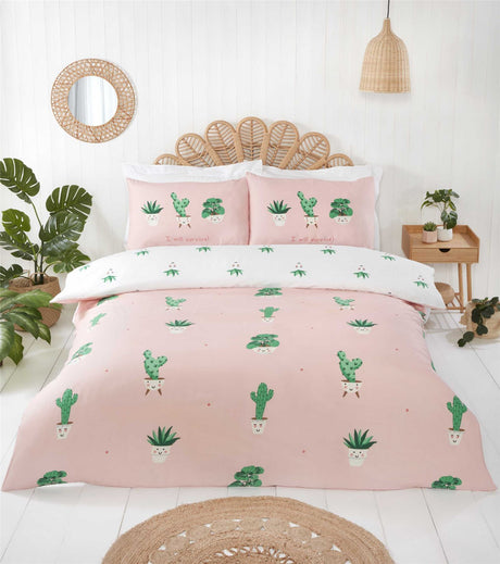 King size duvet cover with matching pillowcases displaying cheerful plant-themed artwork perfect for plant lovers
