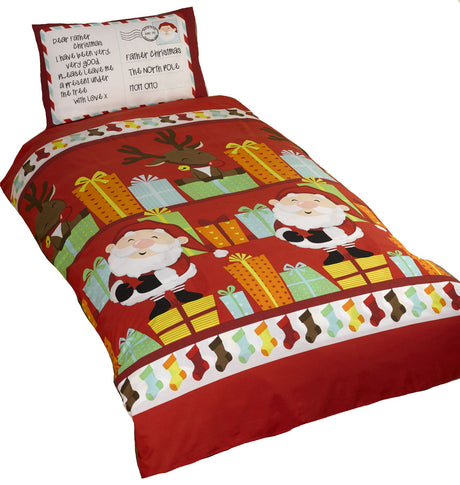 Christmas-themed duvet set showcasing Santa, reindeer, and stockings on a vibrant red background for children's bedroom decor