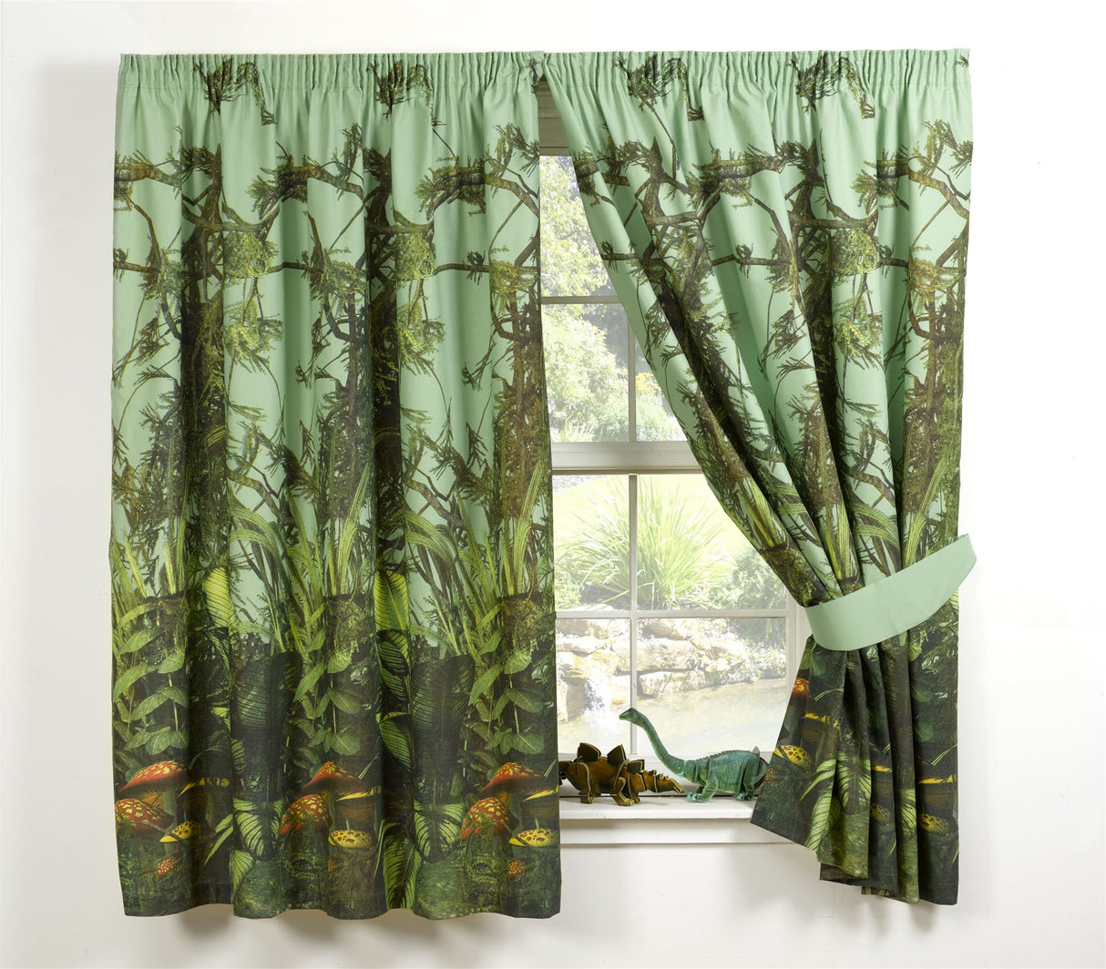 Pair of lined, energy-efficient 66x72 inch curtains with header tape, featuring a vibrant T Rex jungle design to complement the T Rex duvet set