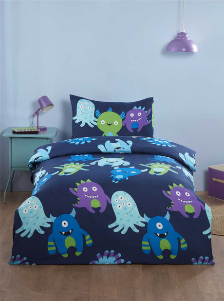 A colourful blue and purple monster print duvet set with matching pillowcase, featuring a playful design suitable for kids' bedrooms